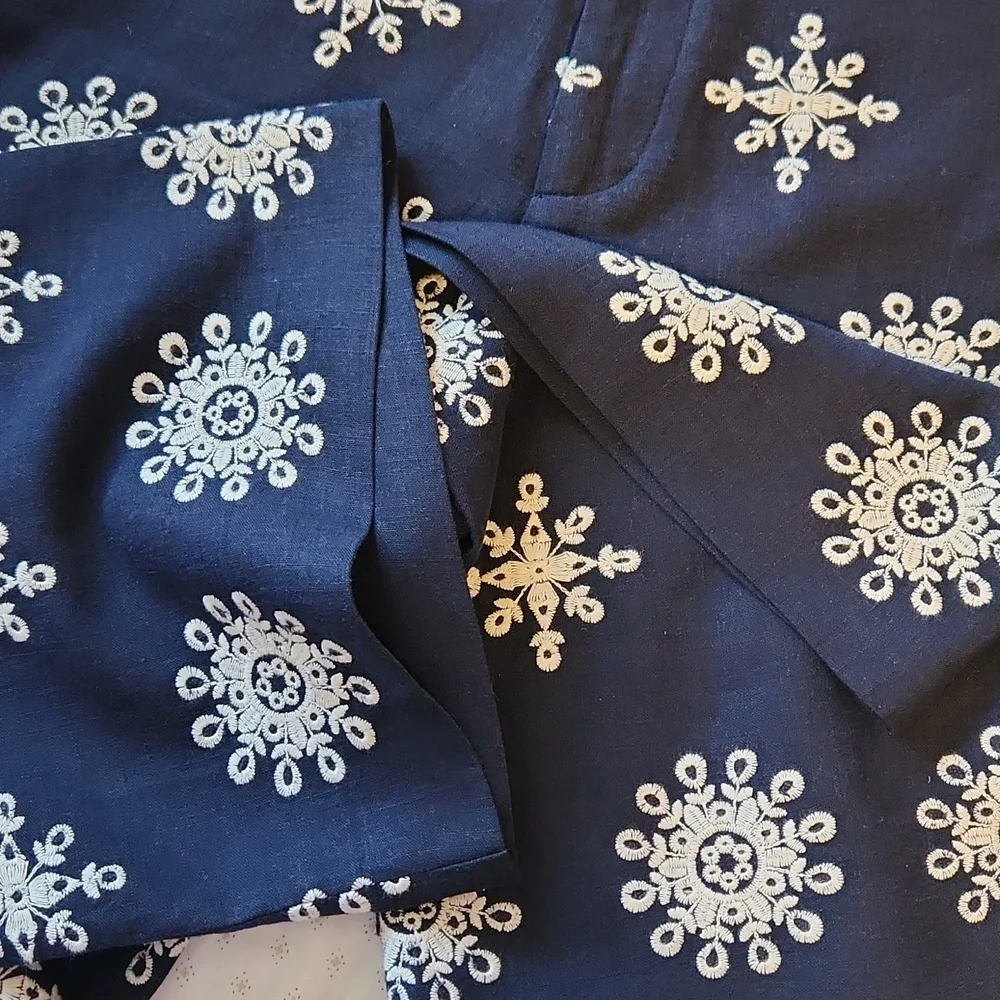 Zara Navy Linen Blend Contrast Embroidered Wide Leg Culottes M